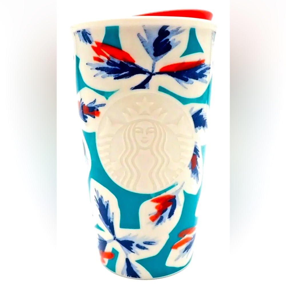 Starbucks Tumbler Siren Ceramic 12oz Travel Mug Floral Teal Leaves Cup 2016